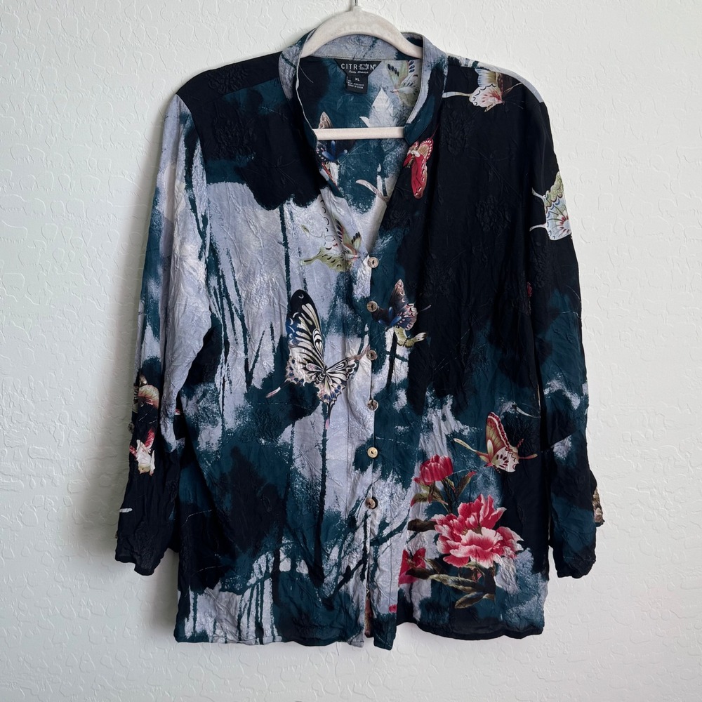 Citron Santa Monica 100% Silk Butterfly Floral Jacquard Blouse Black XL Artwear